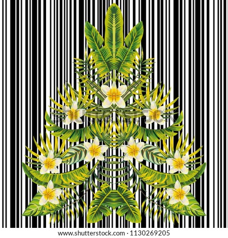 Exotic christmas tree made of plumeria palm tropical leaves mirror style pattern. Xmas trendy wallpaper