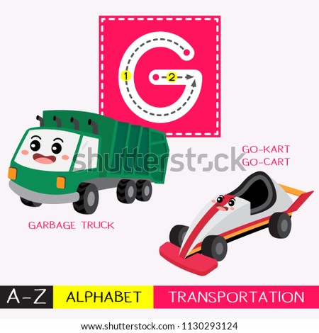 Letter G uppercase children colorful transportations ABC alphabet tracing flashcard for kids learning English vocabulary and handwriting Vector Illustration.