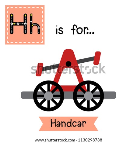 Letter H cute children colorful transportations ABC alphabet tracing flashcard of Handcar for kids learning English vocabulary Vector Illustration.