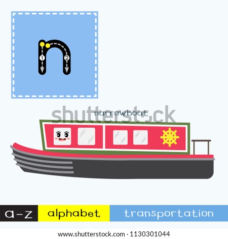 Letter N lowercase children colorful transportations ABC alphabet tracing flashcard for kids learning English vocabulary and handwriting Vector Illustration.
