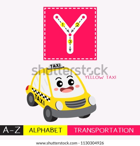 Letter Y uppercase children colorful transportations ABC alphabet tracing flashcard for kids learning English vocabulary and handwriting Vector Illustration.