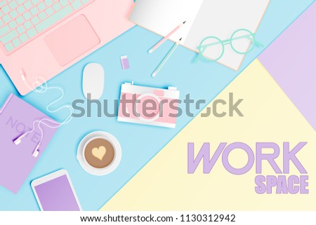 Workspace flat lay stationery in paper art style with pastel color scheme background vector illustration Royalty-Free Stock Photo #1130312942