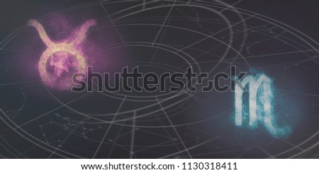 Taurus and Scorpio horoscope signs compatibility. Night sky Abstract background.