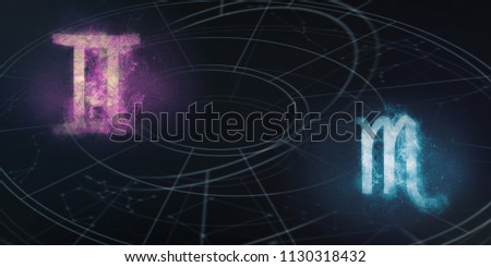 Gemini and Scorpio horoscope signs compatibility. Night sky Abstract background.
