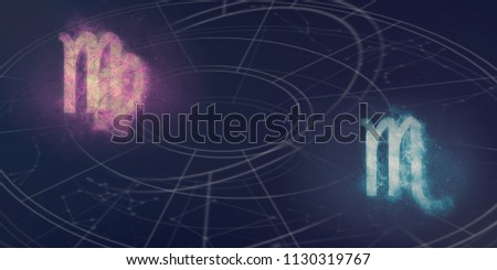 Virgo and Scorpio horoscope signs compatibility. Night sky Abstract background.
