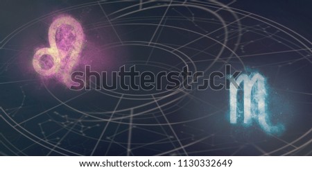 Leo and Scorpio horoscope signs compatibility. Night sky Abstract background.