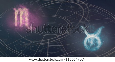 Scorpio and Taurus horoscope signs compatibility. Night sky Abstract background.