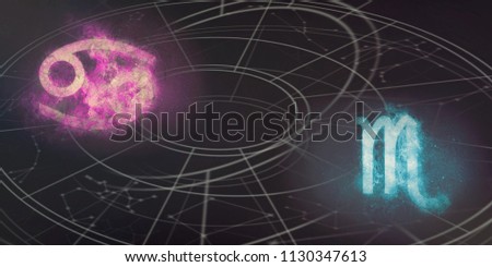 Cancer and Scorpio horoscope signs compatibility. Night sky Abstract background.