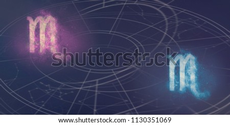 Scorpio and Scorpio horoscope signs compatibility. Night sky Abstract background.