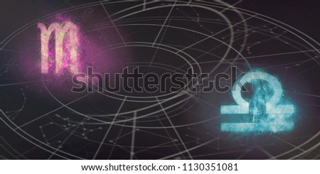 Scorpio and Libra horoscope signs compatibility. Night sky Abstract background.