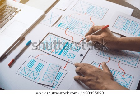 ux Graphic designer creative  sketch planning application process development prototype wireframe for web mobile phone . User experience concept.