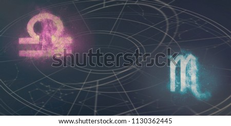 Libra and Scorpio horoscope signs compatibility. Night sky Abstract background.