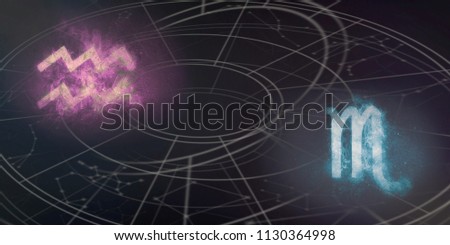 Aquarius and Scorpio horoscope signs compatibility. Night sky Abstract background.