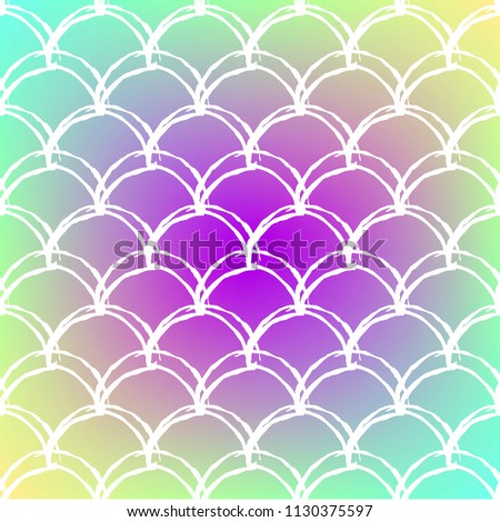 Mermaid scale on trendy gradient background. Square backdrop with mermaid scale ornament. Bright color transitions. Fish tail banner and invitation. Underwater and sea pattern. Rainbow colors.