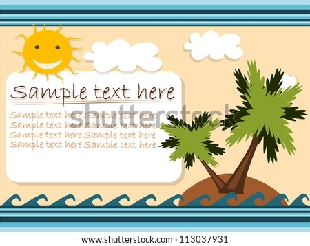 Summer illustration with palms, island, sun, sea and place for text