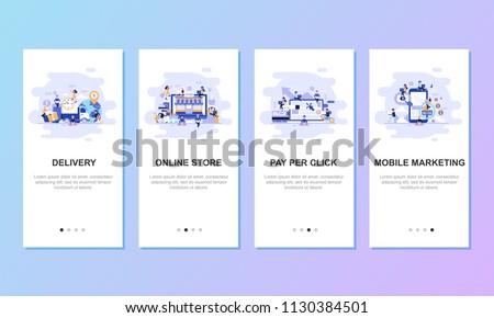 Onboarding screens user interface kit for mobile app templates concept. Modern user interface UX, UI screen template for mobile smart phone or responsive web site. Vector illustration flat design. Royalty-Free Stock Photo #1130384501