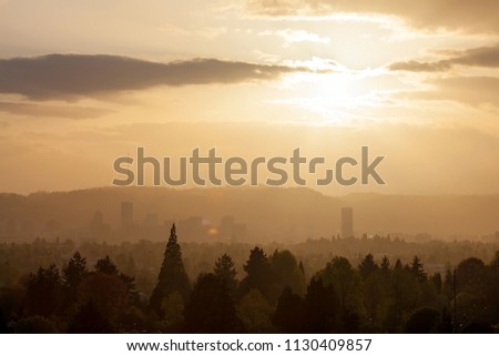 Golden sunset over the city of Portland Oregon skyline