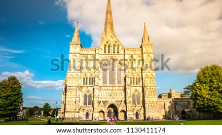 Full Size picture featuring the Salisbury Cathedral, an early English architecture, also known as Cathedral Church of the Blessed Virgin Mary, is an Anglican cathedral in Salisbury, England, the UK.