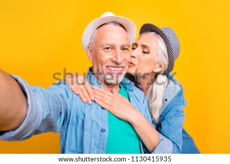 I adore you my dear honey husband! Style stylish denim jeans modern clothes emotion concept. Close up photo portrait of cheerful lovely cute joyful people spending time isolated bright background