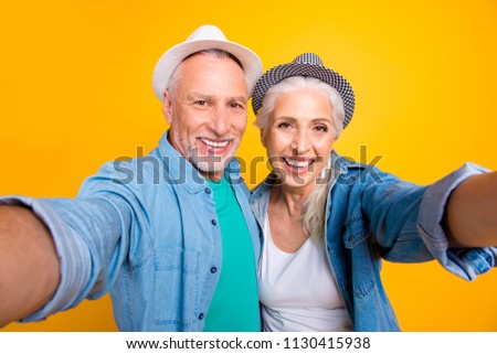 Tourist tourism travel healthy dental video-call lifestyle concept. Close up photo portrait of cheerful joyful beautiful careless excited old guy and grandma making selfie isolated bright background