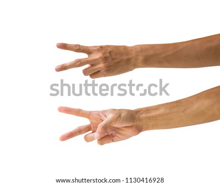 Clipping path hand gestures isolated on white background. Hand making number two sign or symbol gesture. Back and front hand gesture.