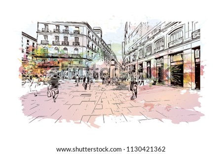 Puerta del Sol Plaza in Madrid, Spain. Watercolor splash with hand drawn sketch illustration in vector.