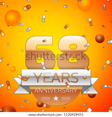Realistic Sixty eight Years Anniversary Celebration design banner. Gold numbers and silver ribbon, balloons, confetti on orange background. Colorful Vector template elements for your birthday party