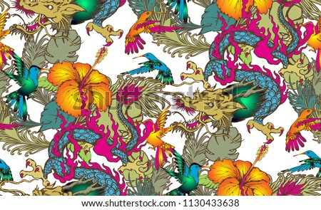 Seamless pattern of colibri and dragon. Vector illustration