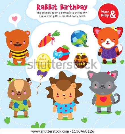 Logic game for kid. Guess what present each animal give to rabbit on birthday. Development of logical thinking and connection between objects. Vector isolated illustration. Hand draw