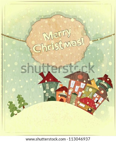 Christmas card - snow and small houses - postcard in retro style - JPEG version