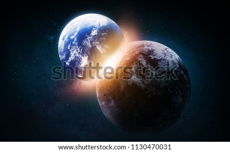 Collide of the Earth and exoplanet in the space. Explosion and flash. Born of the star. Elements of this image furnished by NASA
