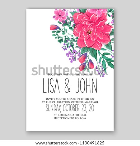 Floral wedding invitation card template Watercolor flowers red pink peony anemone dahlia rose 