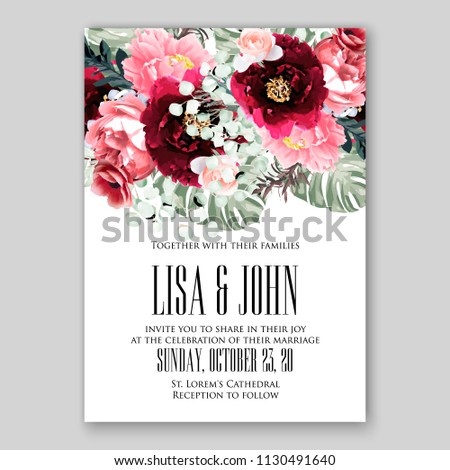 Floral wedding invitation card template Watercolor flowers peony anemone dahlia rose palm leaves