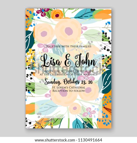 Floral wedding invitation card template Watercolor flowers orange peony anemone dahlia rose tulip