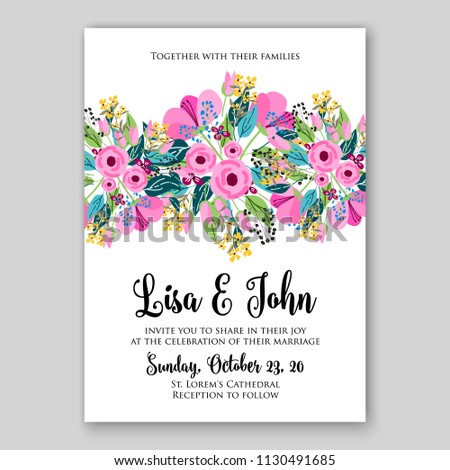Pink Floral wedding invitation card template Watercolor flowers peony anemone dahlia rose 