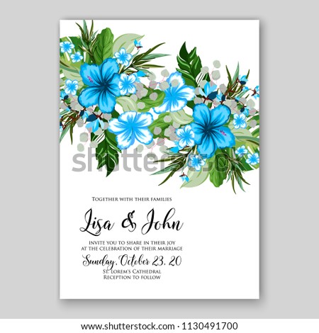 Floral tropical hibiscus wedding invitation card template Watercolor flowers peony anemone dahlia rose 