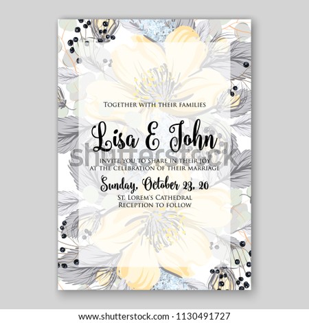 Yellow jasmine Floral wedding invitation card template Watercolor flowers peony anemone dahlia rose 