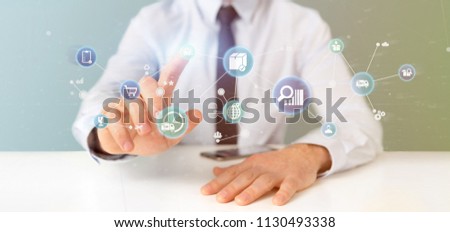View of a Businessman holding a Logistic organisation with icon and connection 3d rendering