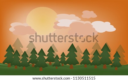 vector beautiful view of nature and forest at sunset or sunrise with Christmas trees on a clearing with grass on a background of orange with sun and clouds