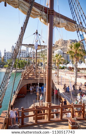 ALICANTE, SPAIN, CIRCA JULY 2018, deck of the replica of the Nao de Santa Maria docked in alicante