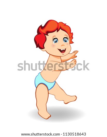 cartoon illustration of cute smiling little baby boy in blue diaper trying to walk. Small ginger toddler making first steps, clip art of full-length kid character isolated on white background
