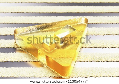 Yellow Glass Exclamation Triangle Icon on the Silver Stripe Pattern. 3D Illustration of Yellow Caution, Danger, Exclamation, Mark Icon Set With Fur Striped Silver Background.