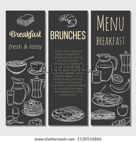 Breakfast template vector banners. Hand drawn jug of milk, coffee pot, cup, juice, sandwich and fried eggs. Retro style pancakes, toast with jam, croissant, cheese and flakes with milk.