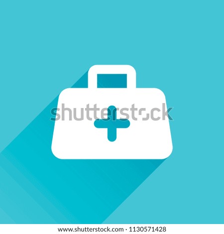 first-aid kit, simple icon. Gray icon with long shadow in bottom left corner on blue background