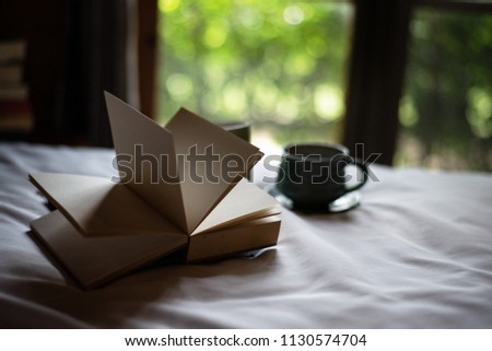 The opened book put on bed,blurry light design background,vintage and art tone