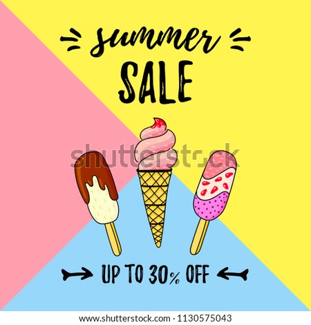 Vector illustration of Ice cream in the waffle cone with vanilla, chocolate, fruits isolated on blue, yellow, pink triangle . Cute doodle style illustration with Summer sale text for product design.