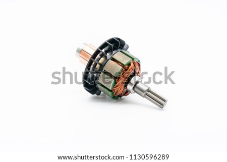 Electrical armature assembly isolated on white background. dc motor, starter anchor motor.