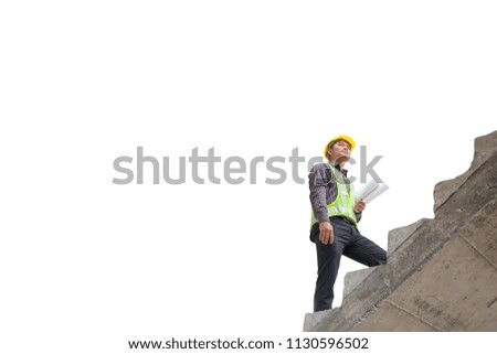 Asian business man construction engineer hold blueprint paper walking up stairway isolated on white background with clipping path, career growth success concept