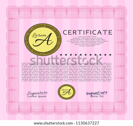 Pink Diploma template. Retro design. Detailed. With guilloche pattern and background. 