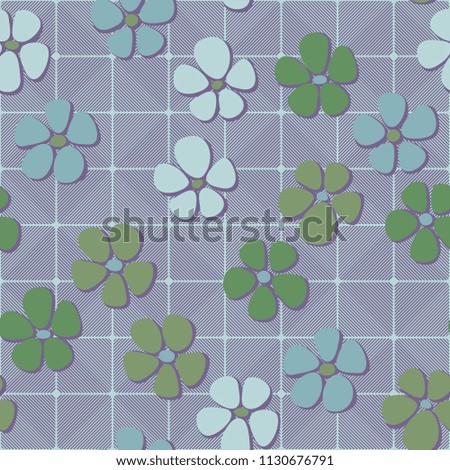 Seamless pattern. Flowers depicted in a hurry and are located chaotically. Against the background of diagonally striped squares.